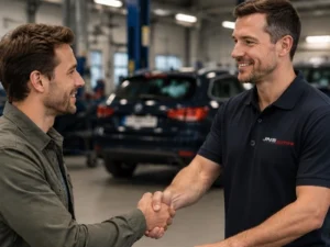 Klant ontvangt persoonlijk advies en duidelijke garantievoorwaarden bij aankoop van een occasion bij JNS Auto’s in Gemert.
